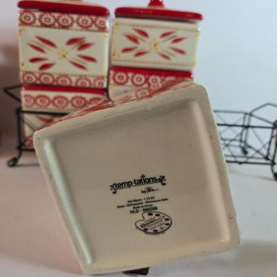 Three-piece Temptations Old World Red Canister Set with Metal Rack – and matching cookie Jar