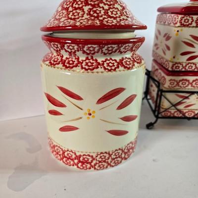 Three-piece Temptations Old World Red Canister Set with Metal Rack – and matching cookie Jar