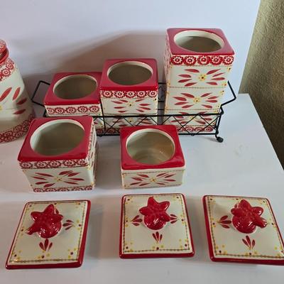 Three-piece Temptations Old World Red Canister Set with Metal Rack – and matching cookie Jar