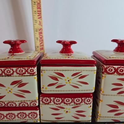 Three-piece Temptations Old World Red Canister Set with Metal Rack – and matching cookie Jar