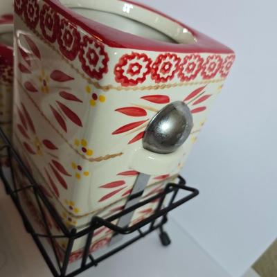Three-piece Temptations Old World Red Canister Set with Metal Rack – and matching cookie Jar