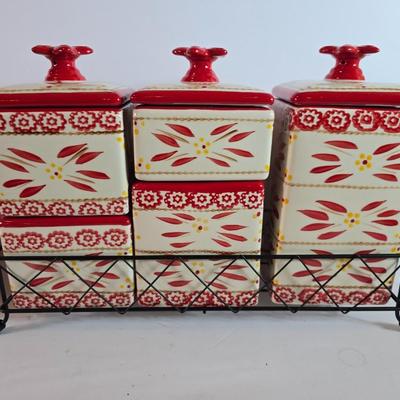 Three-piece Temptations Old World Red Canister Set with Metal Rack – and matching cookie Jar