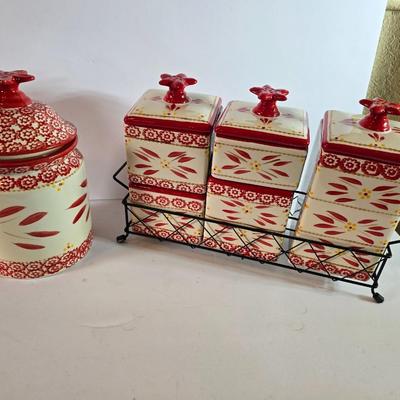 Three-piece Temptations Old World Red Canister Set with Metal Rack – and matching cookie Jar