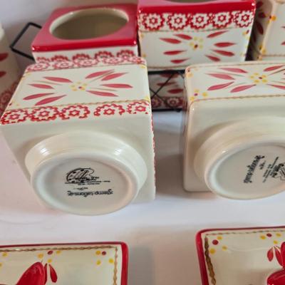 Three-piece Temptations Old World Red Canister Set with Metal Rack – and matching cookie Jar