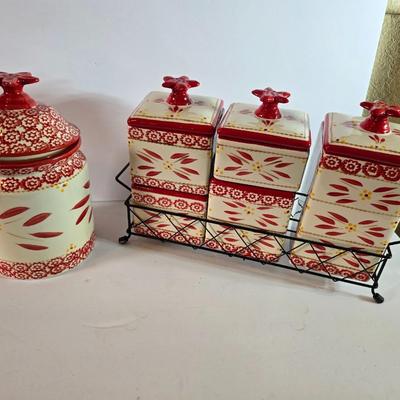 Three-piece Temptations Old World Red Canister Set with Metal Rack – and matching cookie Jar