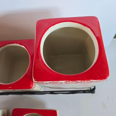 Three-piece Temptations Old World Red Canister Set with Metal Rack – and matching cookie Jar
