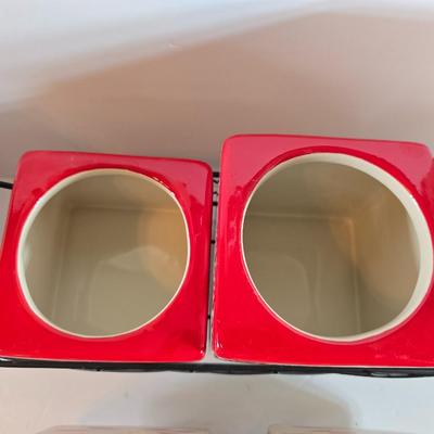 Three-piece Temptations Old World Red Canister Set with Metal Rack – and matching cookie Jar