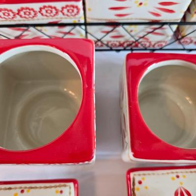 Three-piece Temptations Old World Red Canister Set with Metal Rack – and matching cookie Jar