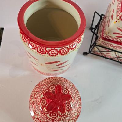 Three-piece Temptations Old World Red Canister Set with Metal Rack – and matching cookie Jar