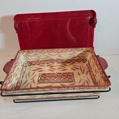 Temptations Old World Red Rectangular Bakers with Lids & Racks – 4-Piece Set