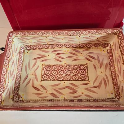 Temptations Old World Red Rectangular Bakers with Lids & Racks – 4-Piece Set