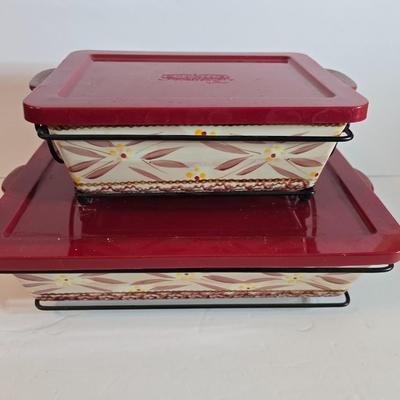 Temptations Old World Red Rectangular Bakers with Lids & Racks – 4-Piece Set