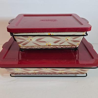 Temptations Old World Red Rectangular Bakers with Lids & Racks – 4-Piece Set