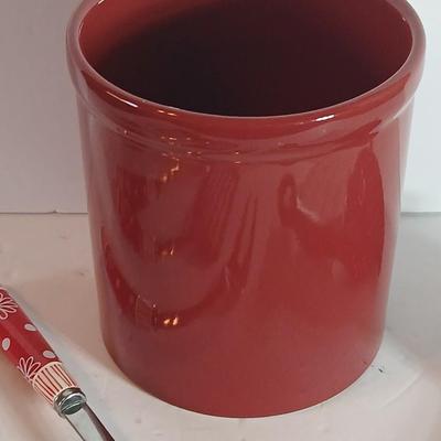 Red Temp-tations ceramic handled Kitchen Utensil Bundle –Utensil Crock & Kuhn Rikon can Opener