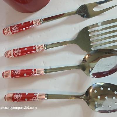 Red Temp-tations ceramic handled Kitchen Utensil Bundle –Utensil Crock & Kuhn Rikon can Opener