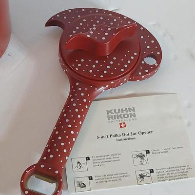 Red Temp-tations ceramic handled Kitchen Utensil Bundle –Utensil Crock & Kuhn Rikon can Opener