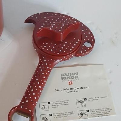 Red Temp-tations ceramic handled Kitchen Utensil Bundle –Utensil Crock & Kuhn Rikon can Opener