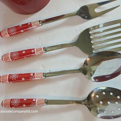 Red Temp-tations ceramic handled Kitchen Utensil Bundle –Utensil Crock & Kuhn Rikon can Opener