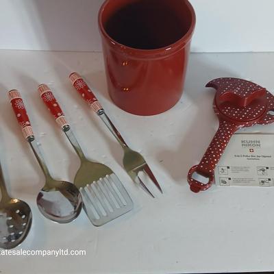 Red Temp-tations ceramic handled Kitchen Utensil Bundle –Utensil Crock & Kuhn Rikon can Opener