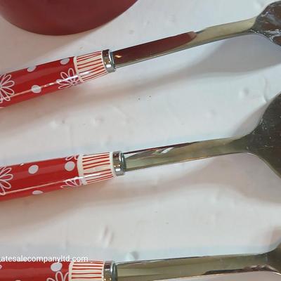 Red Temp-tations ceramic handled Kitchen Utensil Bundle –Utensil Crock & Kuhn Rikon can Opener