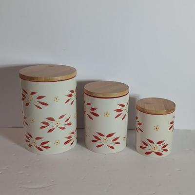 Temp-tations Old World Red Ceramic Canister Trio with Bamboo Lids