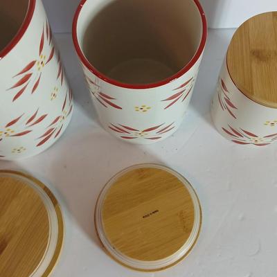 Temp-tations Old World Red Ceramic Canister Trio with Bamboo Lids