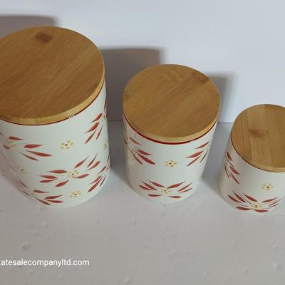 Temp-tations Old World Red Ceramic Canister Trio with Bamboo Lids