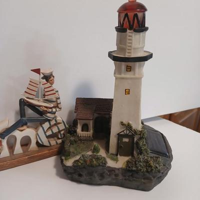 Nautical Decor Lot – Solar powered Lighthouse Figurine, “Welcome” Sign, Lantern, Stained Glass