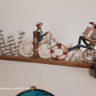 Nautical Decor Lot – Solar powered Lighthouse Figurine, “Welcome” Sign, Lantern, Stained Glass
