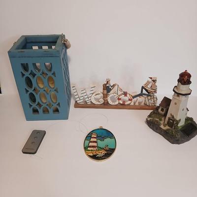 Nautical Decor Lot – Solar powered Lighthouse Figurine, “Welcome” Sign, Lantern, Stained Glass