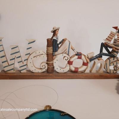 Nautical Decor Lot – Solar powered Lighthouse Figurine, “Welcome” Sign, Lantern, Stained Glass