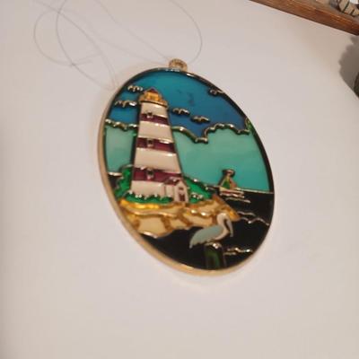 Nautical Decor Lot – Solar powered Lighthouse Figurine, “Welcome” Sign, Lantern, Stained Glass