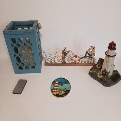 Nautical Decor Lot – Solar powered Lighthouse Figurine, “Welcome” Sign, Lantern, Stained Glass