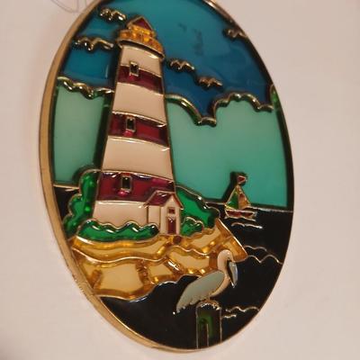 Nautical Decor Lot – Solar powered Lighthouse Figurine, “Welcome” Sign, Lantern, Stained Glass