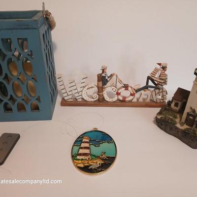 Nautical Decor Lot – Solar powered Lighthouse Figurine, “Welcome” Sign, Lantern, Stained Glass