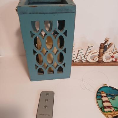 Nautical Decor Lot – Solar powered Lighthouse Figurine, “Welcome” Sign, Lantern, Stained Glass