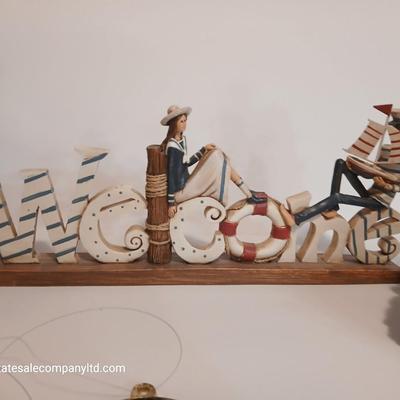 Nautical Decor Lot – Solar powered Lighthouse Figurine, “Welcome” Sign, Lantern, Stained Glass