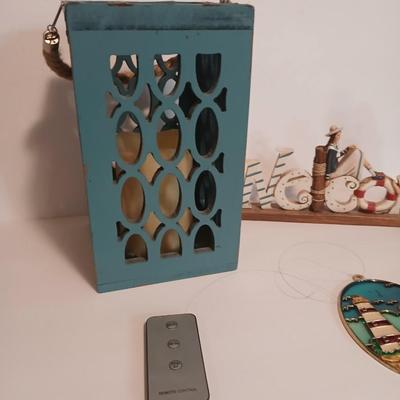 Nautical Decor Lot – Solar powered Lighthouse Figurine, “Welcome” Sign, Lantern, Stained Glass