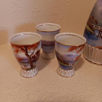 LILY KINA HAND PAINTED SAKI DECANTER AND CUPS