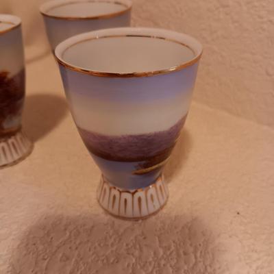 LILY KINA HAND PAINTED SAKI DECANTER AND CUPS