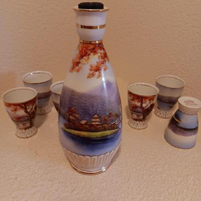 LILY KINA HAND PAINTED SAKI DECANTER AND CUPS