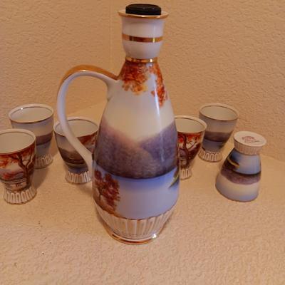 LILY KINA HAND PAINTED SAKI DECANTER AND CUPS