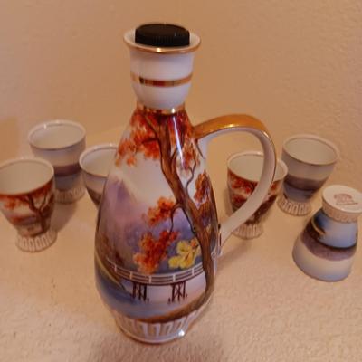 LILY KINA HAND PAINTED SAKI DECANTER AND CUPS
