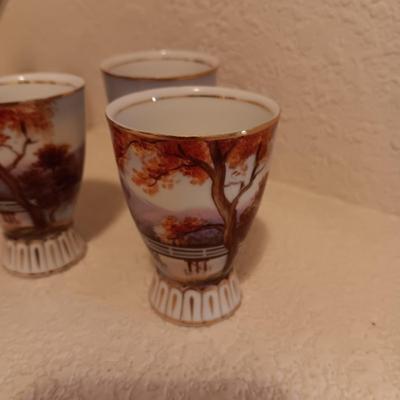 LILY KINA HAND PAINTED SAKI DECANTER AND CUPS