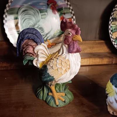 ROOSTER TEAPOT, 2 DECORATIVE PLATES, CREAM AND SUGAR SET AND ROOSTER DECOR
