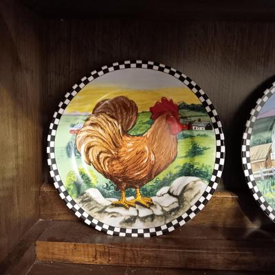 ROOSTER TEAPOT, 2 DECORATIVE PLATES, CREAM AND SUGAR SET AND ROOSTER DECOR
