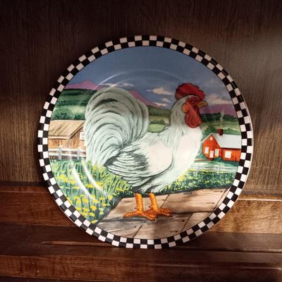 ROOSTER TEAPOT, 2 DECORATIVE PLATES, CREAM AND SUGAR SET AND ROOSTER DECOR