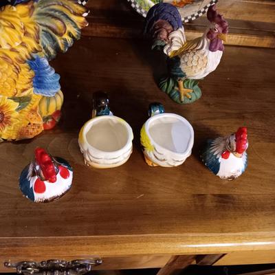 ROOSTER TEAPOT, 2 DECORATIVE PLATES, CREAM AND SUGAR SET AND ROOSTER DECOR