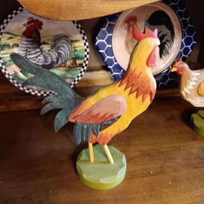 DECORATIVE WOODEN ROOSTERS AND PLATES, SALT/PEPPER SHAKERS, CANDLE HOLDER AND MAGNET