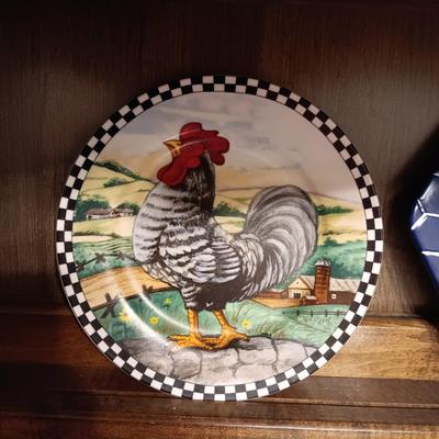 DECORATIVE WOODEN ROOSTERS AND PLATES, SALT/PEPPER SHAKERS, CANDLE HOLDER AND MAGNET